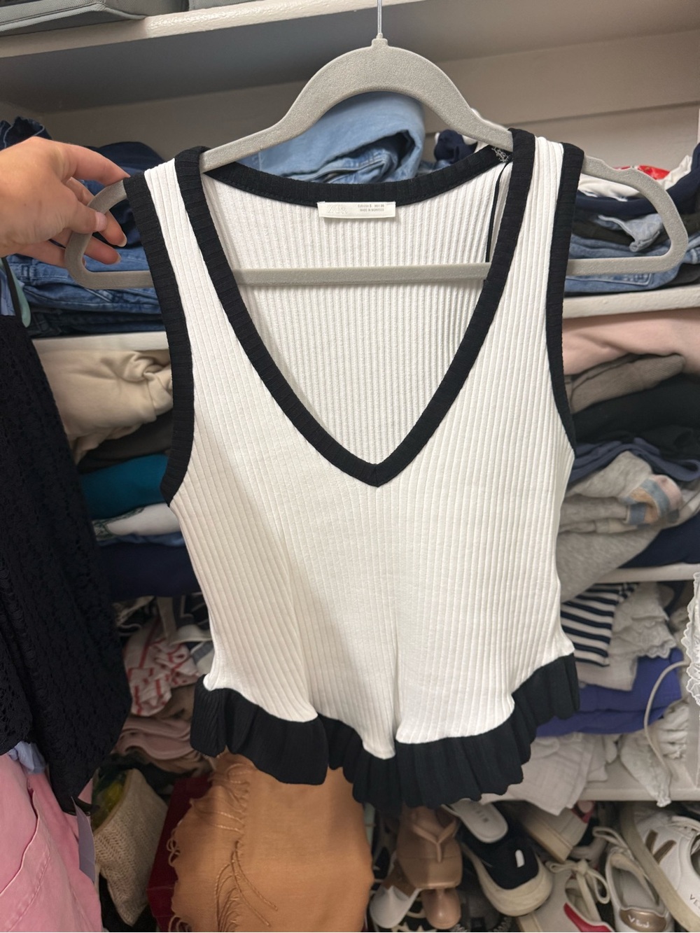 Zara White Ribbed V-Neck Tank with Black Trim